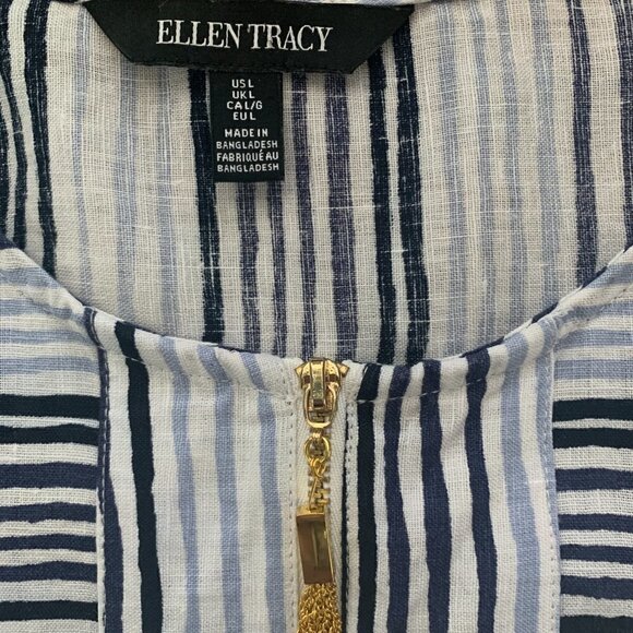 Ellen Tracy Striped Linen Tunic Top 1/2 Zip Tassel Blue & White Sz L #43N - Picture 6 of 9